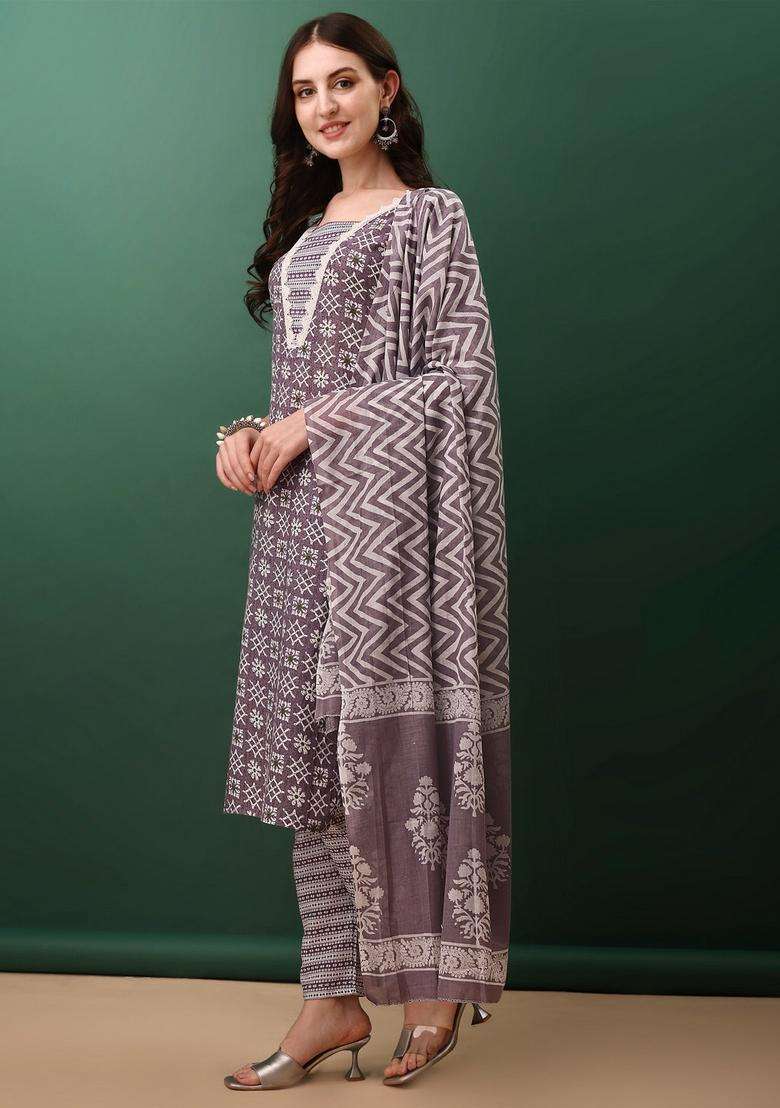 Lavender Printed Cotton Straight Kurta Set - Indya