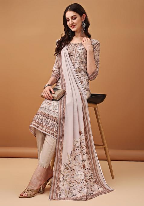 Brown Embroidery Cotton Kurta Set