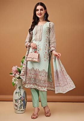 Green Printed Cotton Straight Kurta Set