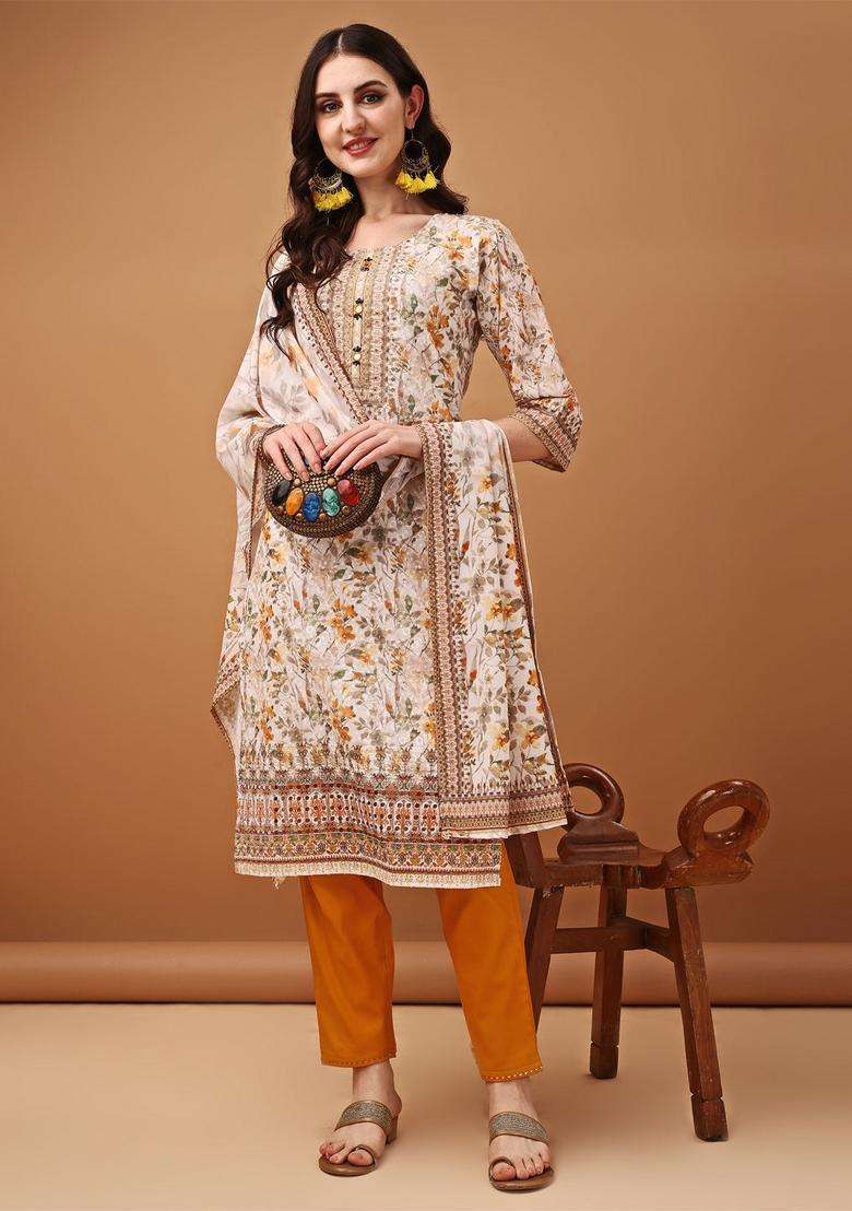 Yellow Floral Print Cotton Straight Kurta Set - Indya