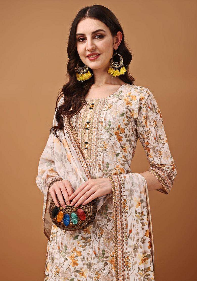 Yellow Floral Print Cotton Straight Kurta Set - Indya