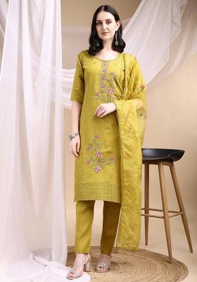 Mustard Embroidery Chanderi Kurta Set