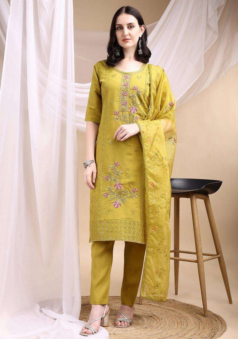 Mustard Embroidered Chanderi Straight Kurta Set - Indya
