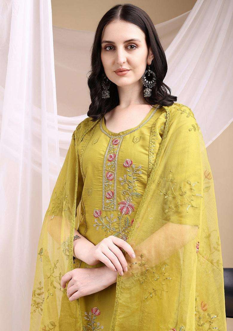 Mustard Embroidered Chanderi Straight Kurta Set - Indya