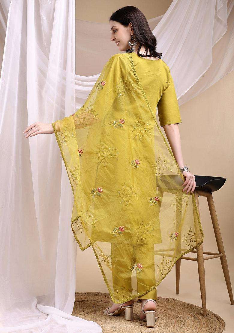 Mustard Embroidered Chanderi Straight Kurta Set - Indya