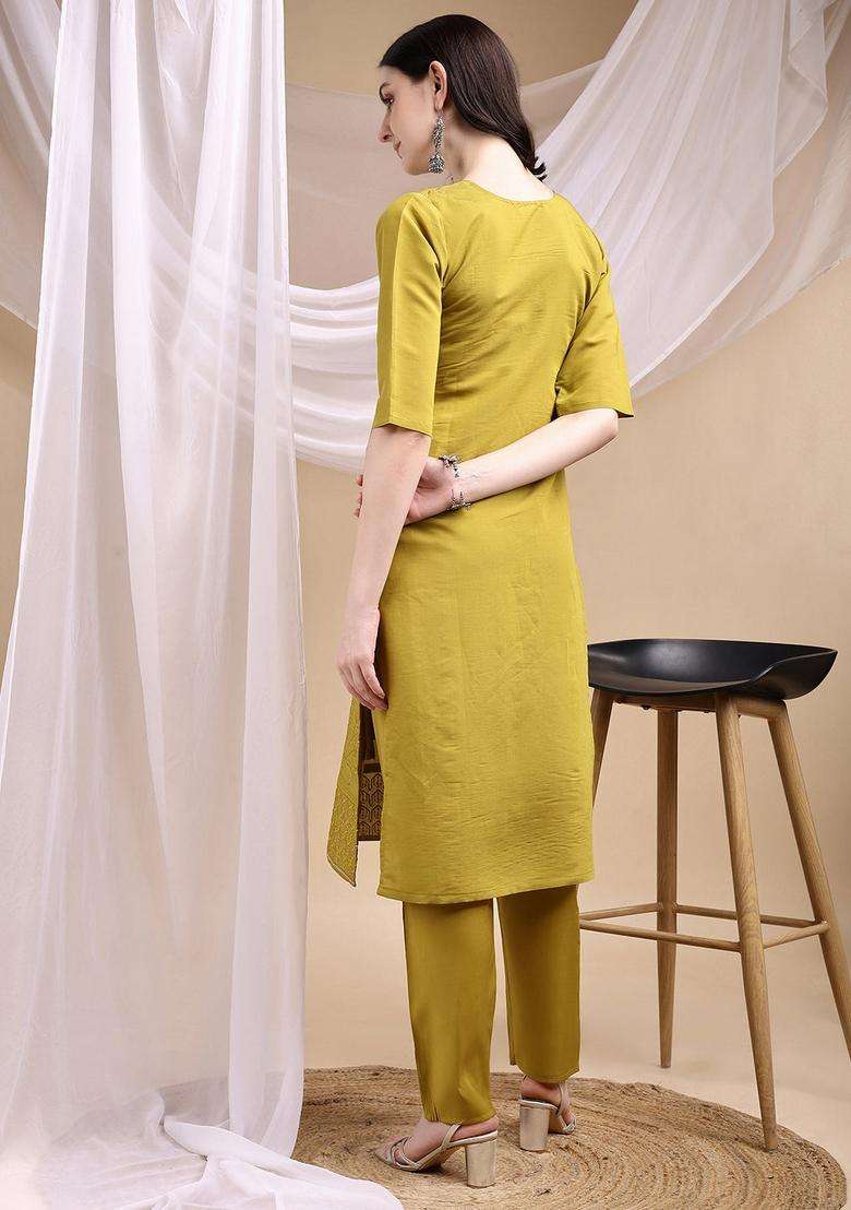 Mustard Embroidered Chanderi Straight Kurta Set - Indya
