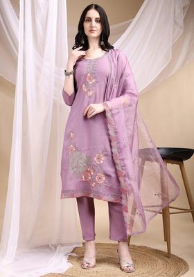 Lavender Embroidery Chanderi Kurta Set