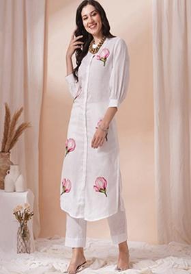 white Embroidery Cotton Kurta Set