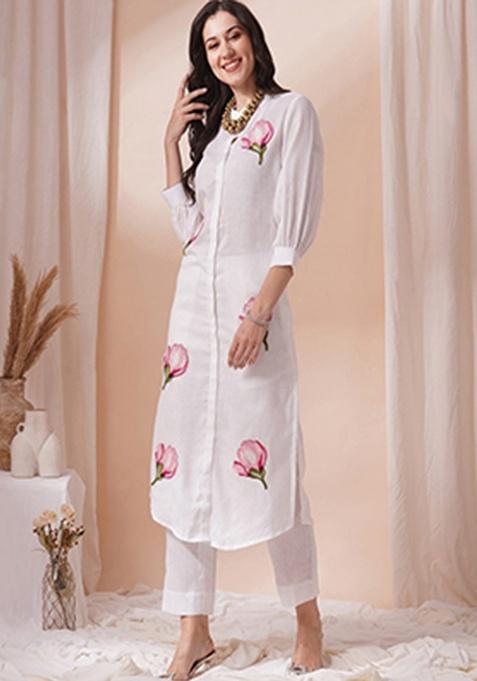 white Embroidery Cotton Kurta Set