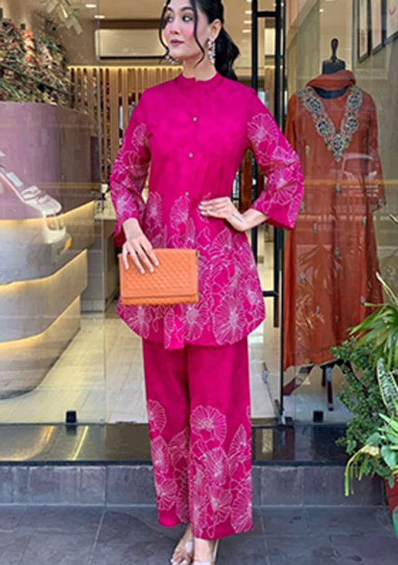 Pink Printed Cotton Co Ord Set - Indya