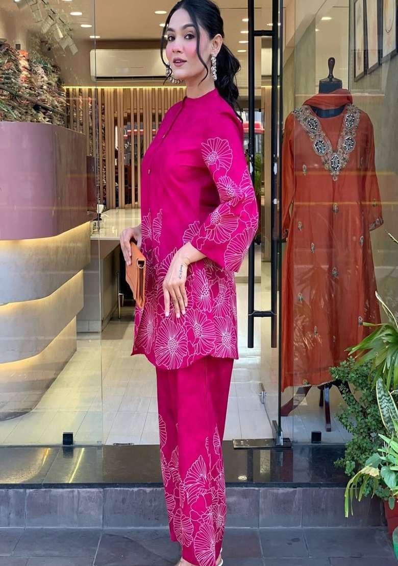 Pink Printed Cotton Co Ord Set - Indya