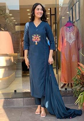 blue Embroidery Cotton Kurta Set