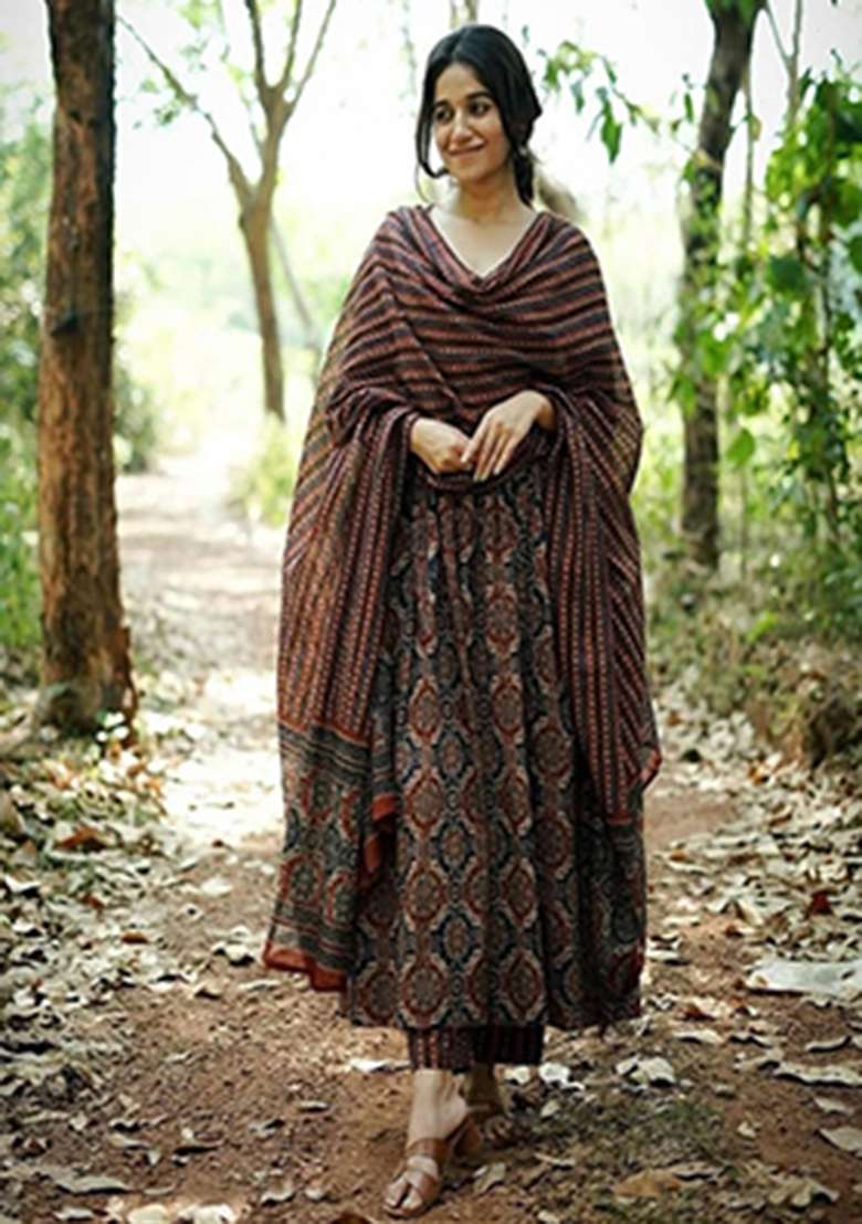 brown Printed Cotton Kurta Set - Indya