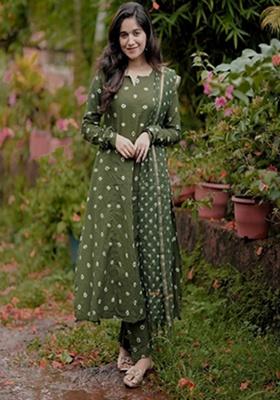 Green Embroidery Cotton Kurta Set
