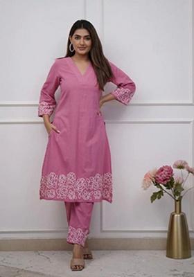 Pink Embroidery Cotton Kurta Set