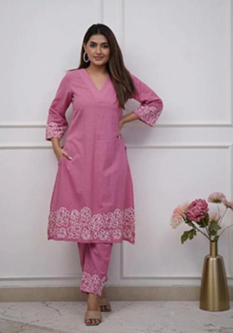 Pink Embroidery Cotton Kurta Set