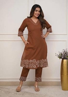 brown Embroidery Cotton Kurta Set