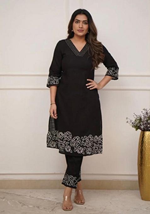 black Embroidery Cotton Kurta Set