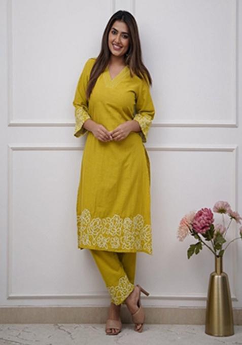 yellow Embroidery Cotton Kurta Set