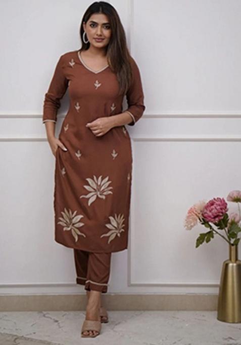 brown Embroidery Cotton Kurta Set