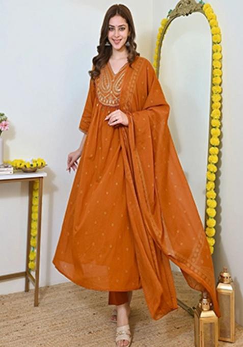 orange Embroidery Cotton Kurta Set