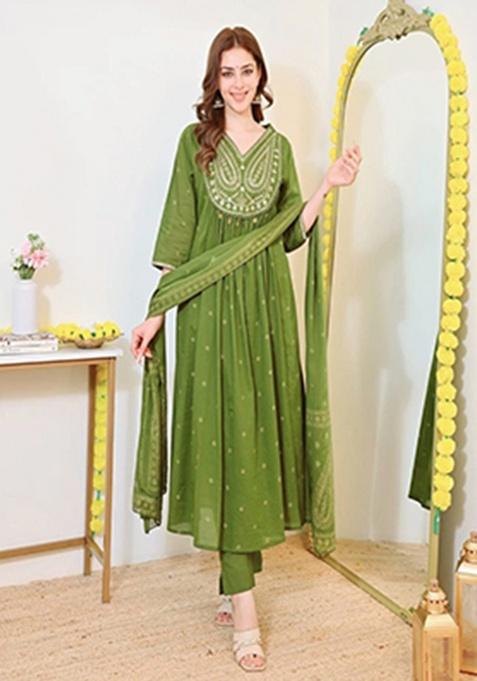 Green Embroidery Cotton Kurta Set