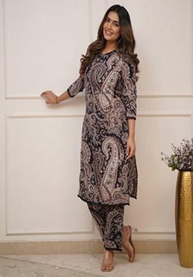 black Printed Cotton Kurta Set