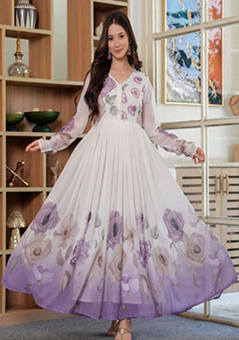 white Printed Silk Kurta Set - Indya