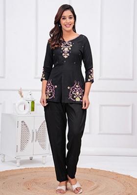 black Embroidery Rayon Kurta Set