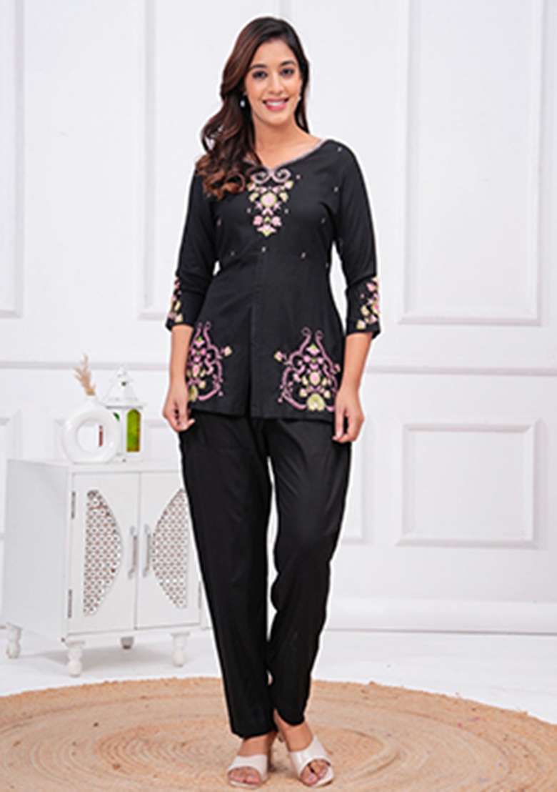 black Embroidery Rayon Kurta Set - Indya