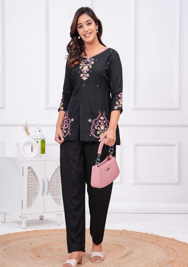 black Embroidery Rayon Kurta Set - Indya
