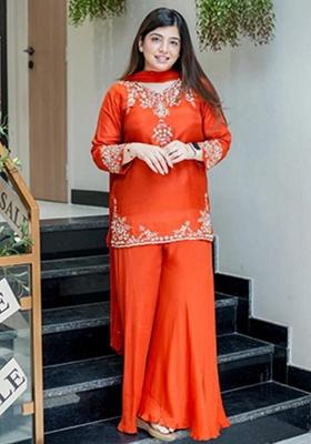 orange Embroidery Chanderi Kurta Set