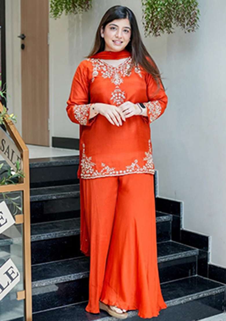 orange Embroidery Chanderi Kurta Set - Indya
