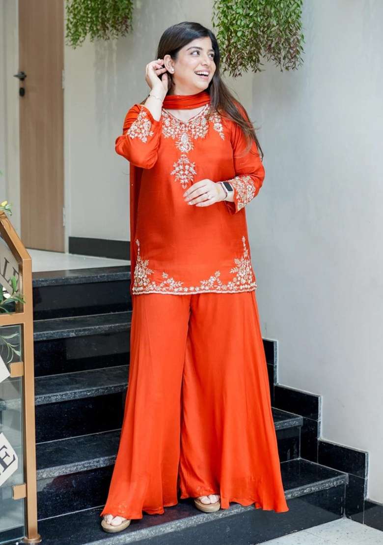 orange Embroidery Chanderi Kurta Set - Indya