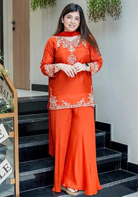 orange Embroidery Chanderi Kurta Set