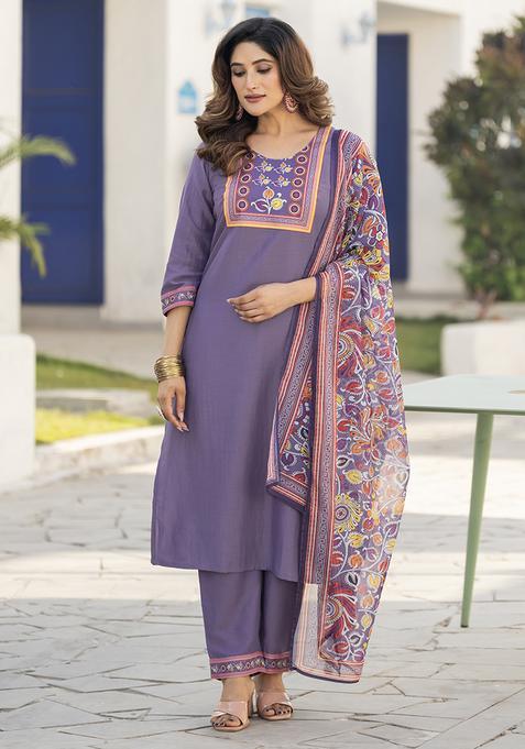 Lavender Printed Chinnon Kurta Set