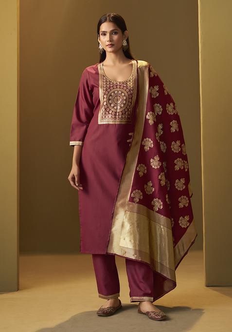 Red Motif Cotton Kurta Set