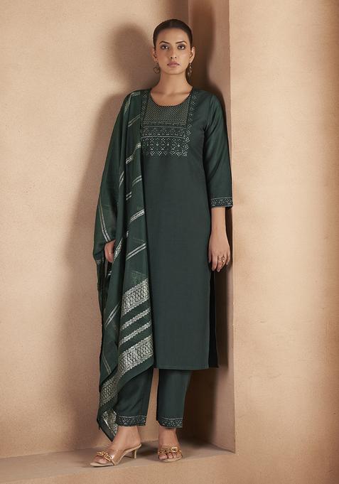 Dark Green Embroidery Cotton Kurta Set