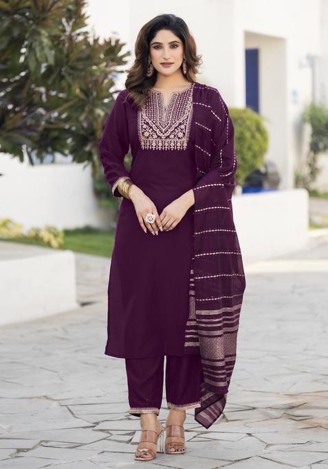 Wine Embroidery Chinnon Kurta Set
