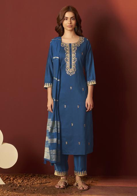 Rama Blue Embroidery Chinnon Kurta Set