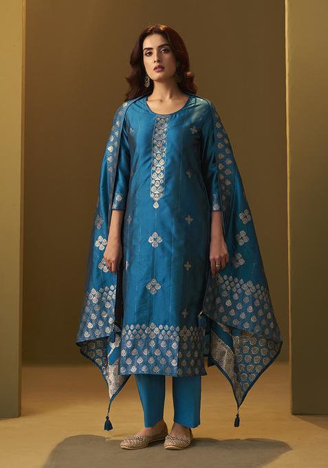 Turquoise Motif Silk Kurta Set