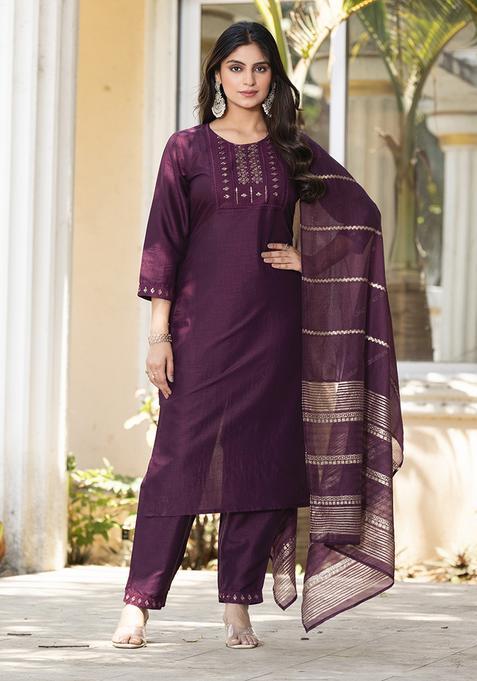 Wine Embroidery Silk Blend Kurta Set