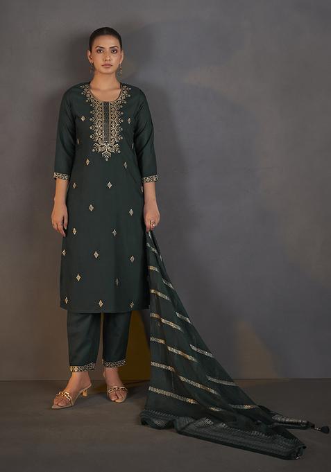 Dark Green Embroidery Cotton Kurta Set