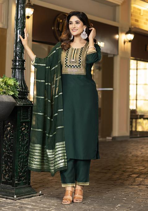 Green Embroidery Chinnon Kurta Set