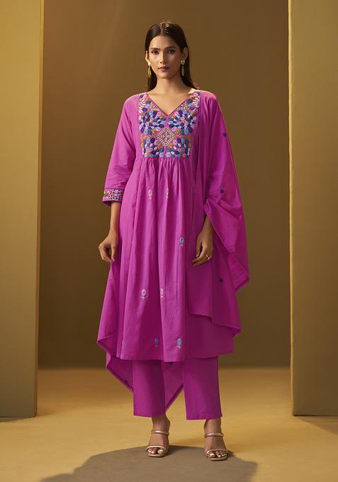 Pink Embroidery Cotton Kurta Set