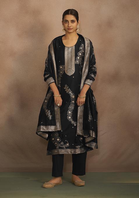 Black Motif Silk Kurta Set