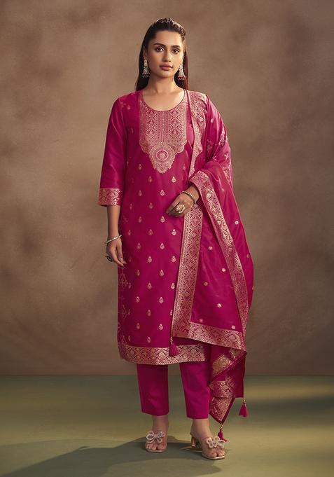 Rani Motif Silk Kurta Set