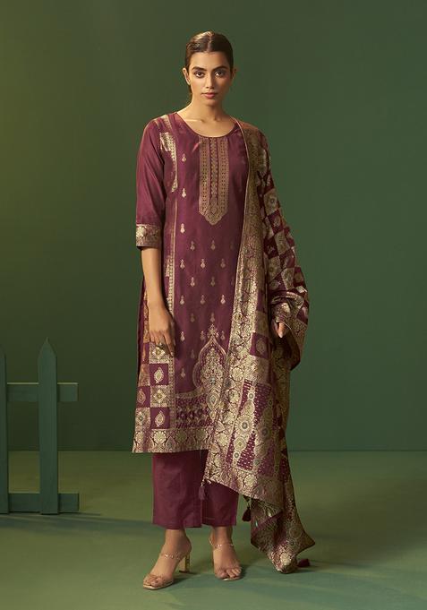 Wine Motif Silk Kurta Set