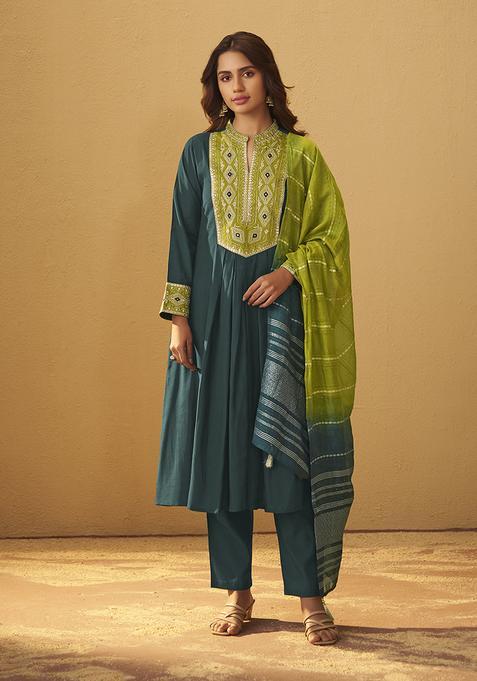 Green Embroidery Silk Kurta Set