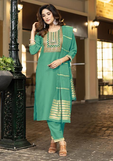 Sea Green Embroidery Chinnon Kurta Set